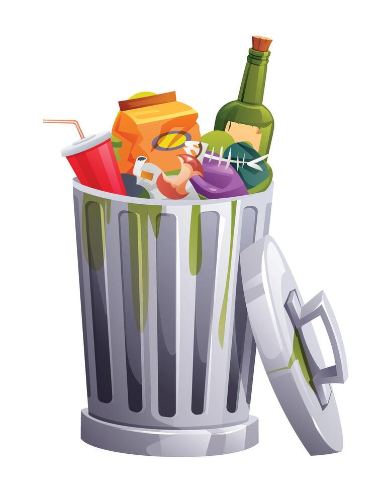Overflowing trash bin with bottles, paper, food waste, and garbage spilling out. Cartoon illustration vector