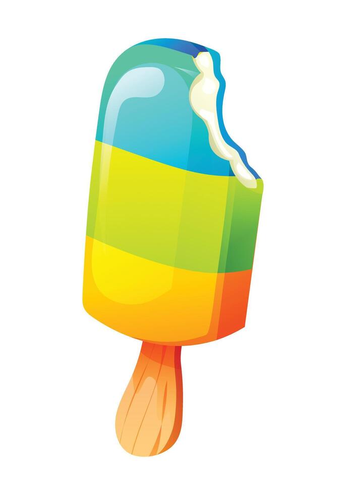 Bitten ice cream stick with blue, green, and yellow layers. Cartoon illustration vector