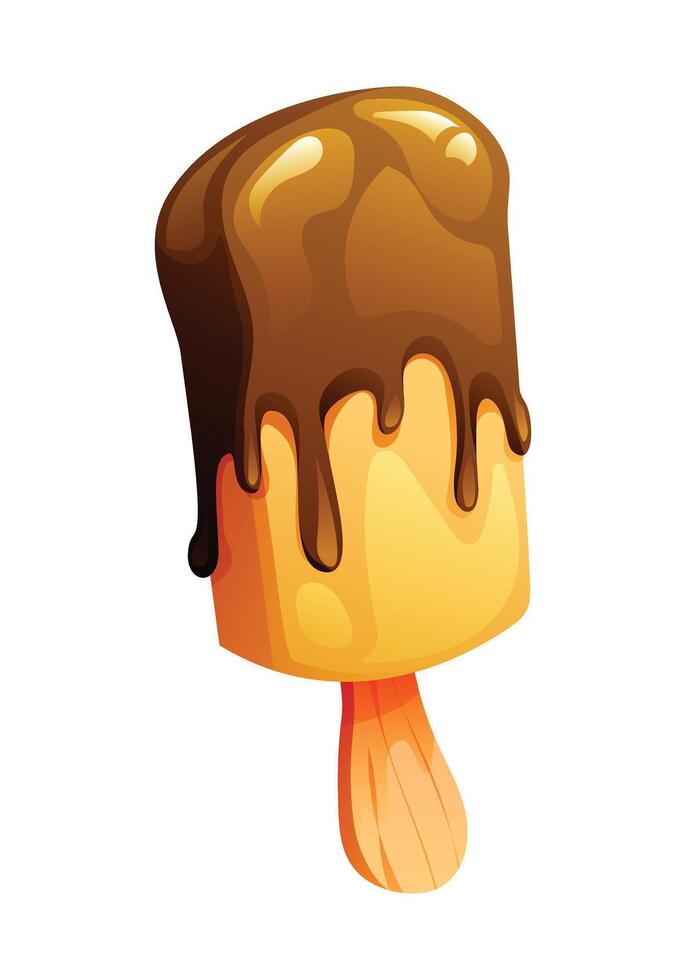 Chocolate covered ice cream stick with rich dripping topping. Cartoon illustration vector