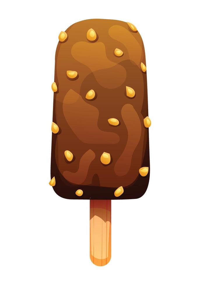 Ice cream stick with chocolate and nut topping, frozen dessert with a crunchy texture. Cartoon illustration vector