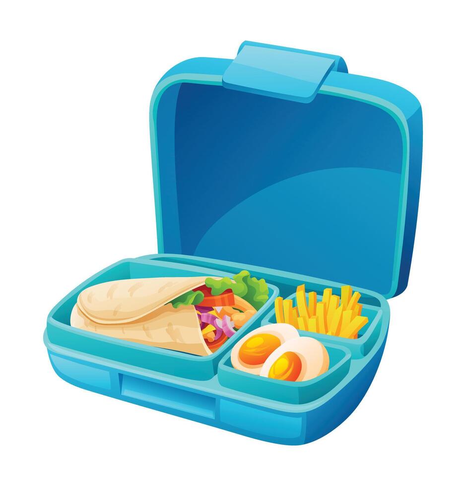 Lunch box with kebab wrap, fries, and eggs in compartments. Cartoon illustration vector
