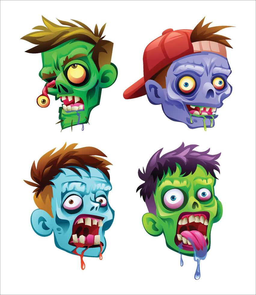 Cartoon zombie heads with creepy expressions, exposed brains, and torn skin. Illustration vector
