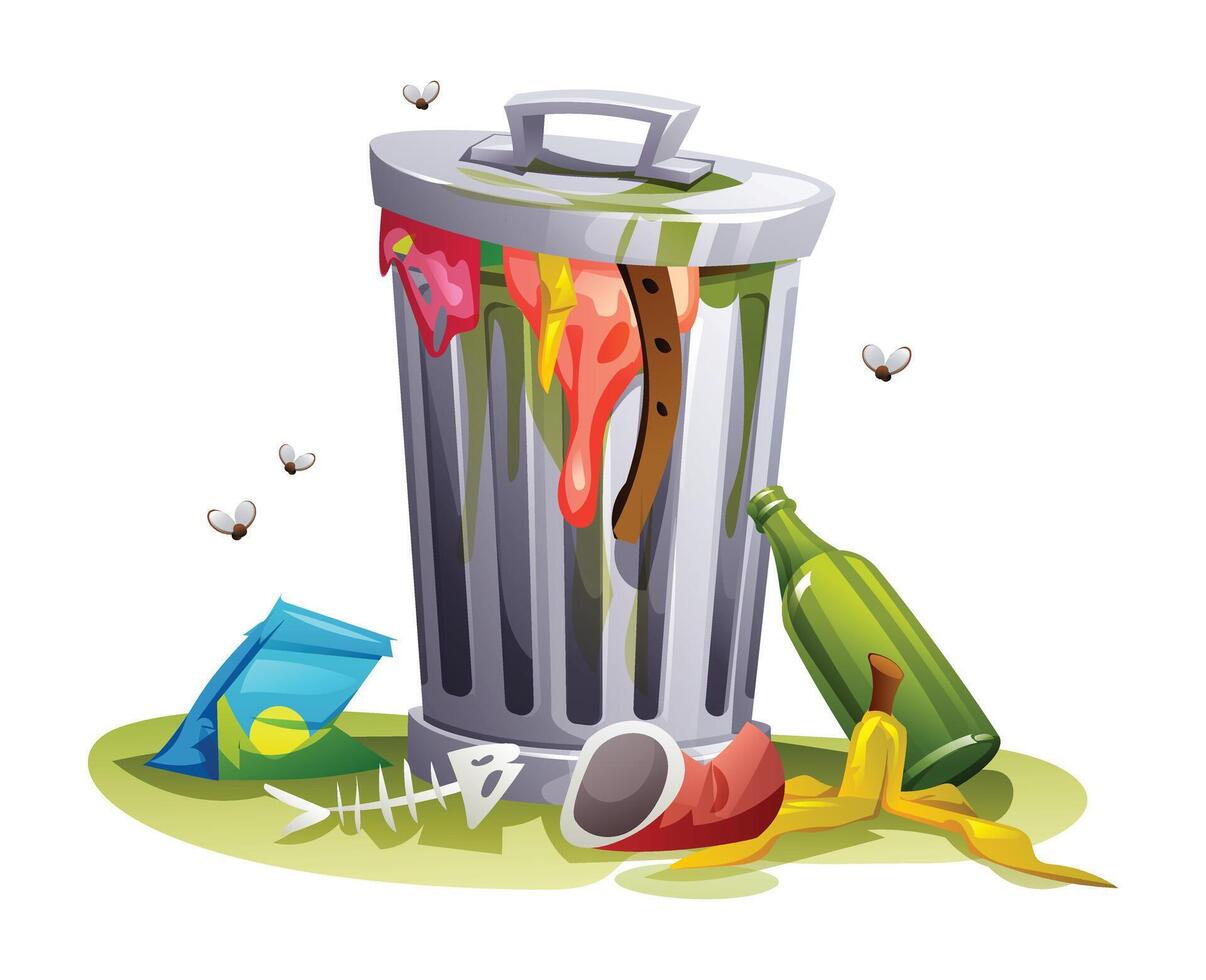 Overflowing trash bin with food, bottles, and litter on the ground, surrounded by flies. Cartoon illustration vector