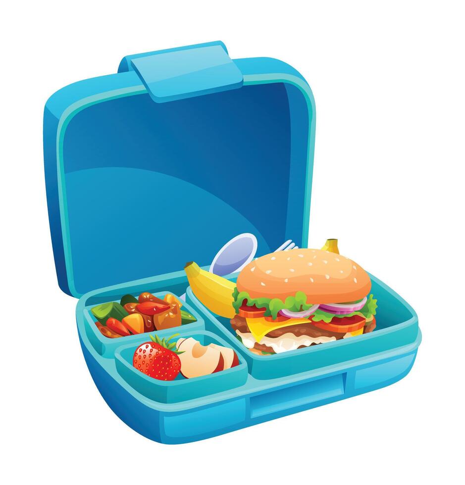 Lunch box with burger, fruits, and vegetables in compartments. Cartoon illustration vector