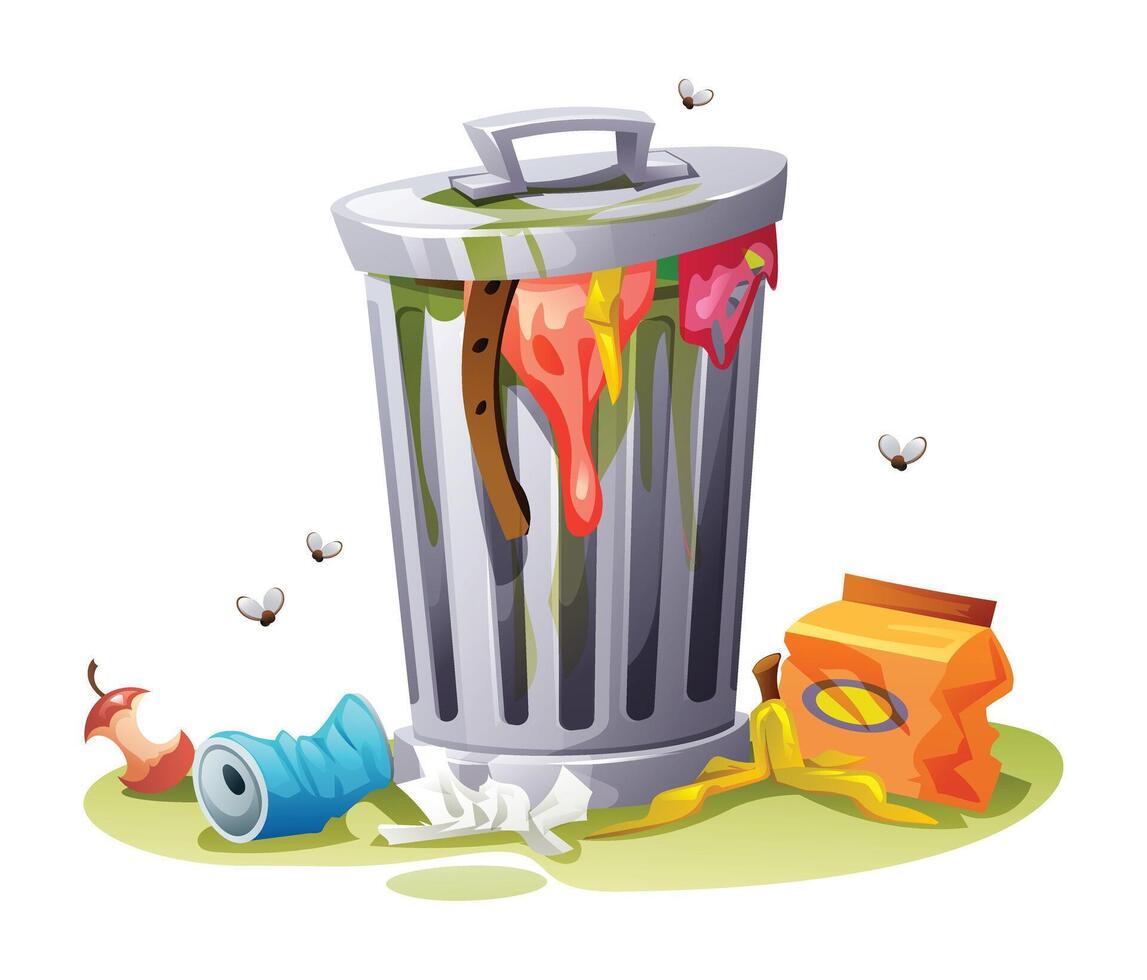 Overflowing trash bin with food waste, packaging, and litter surrounding it, emitting bad odor and flies. Cartoon illustration vector