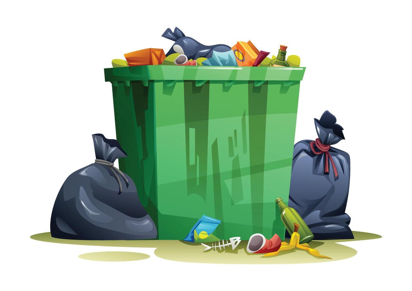Garbage filled dumpster with trash bags and scattered litter on the ground around it. Cartoon illustration vector