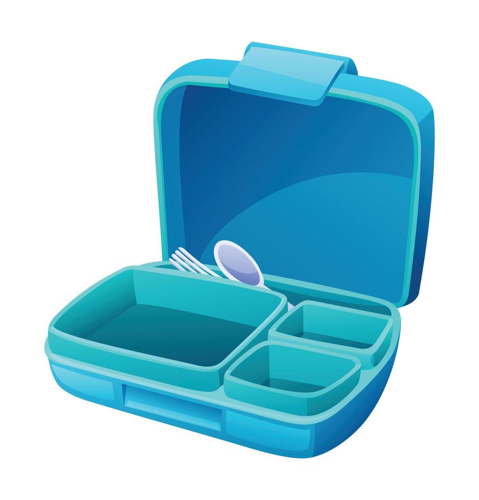 Empty lunch box with spoon and fork in blue container. Cartoon illustration vector