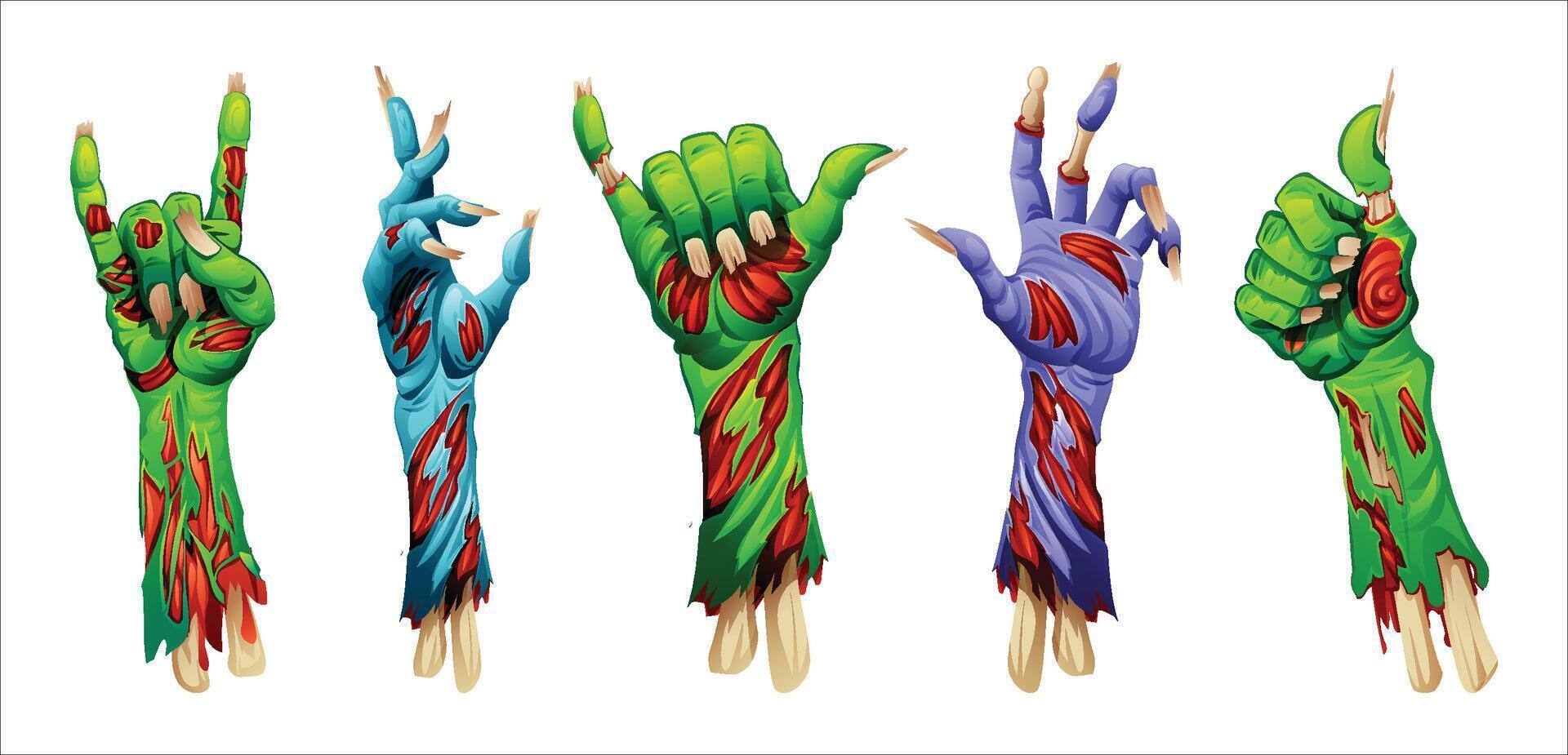 Zombie hands with exposed bones, showing different horror poses. Cartoon illustration vector