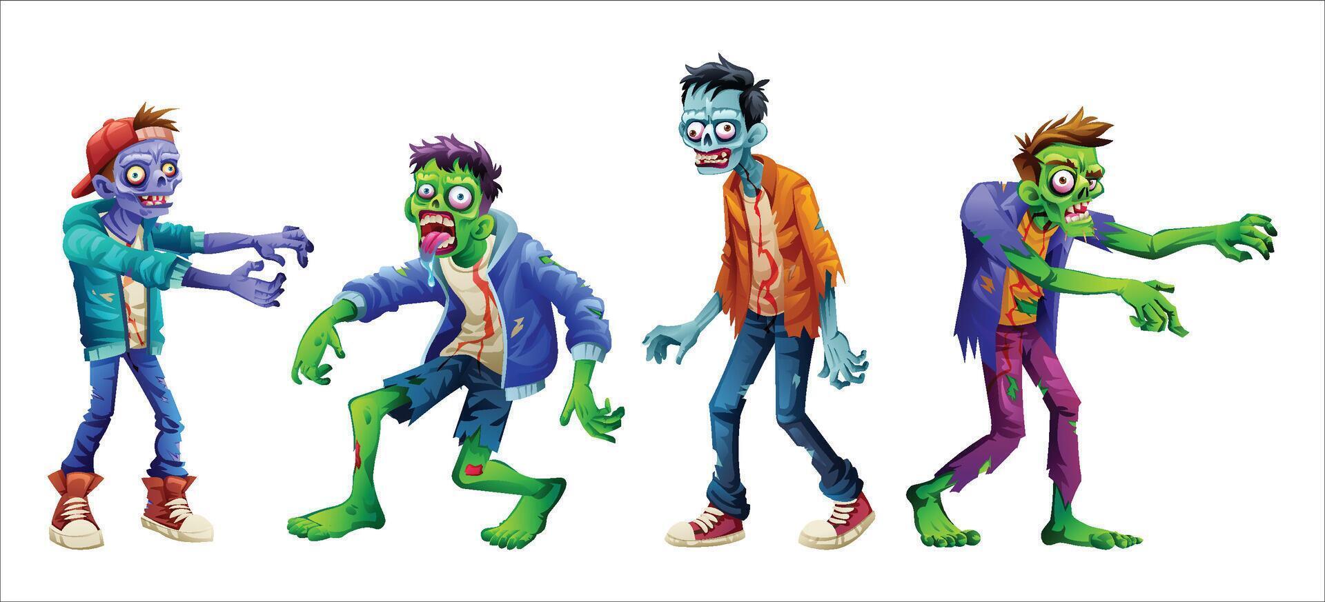 Collection of cartoon zombie characters with different poses. Illustration vector