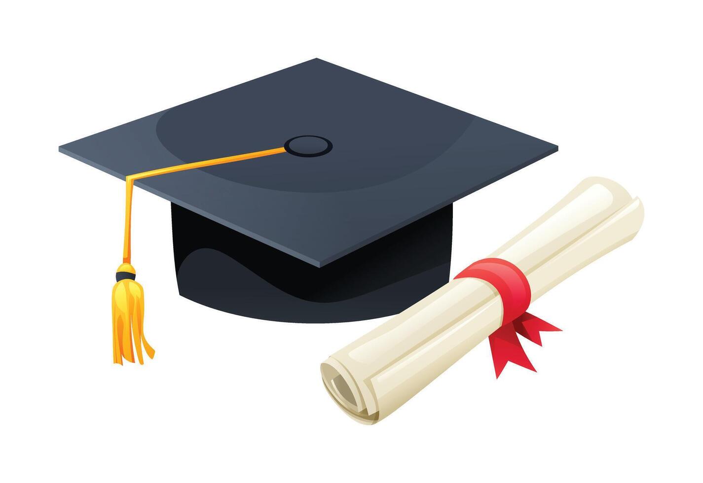 Graduation cap with diploma, symbolizing achievement and education. Cartoon illustration vector