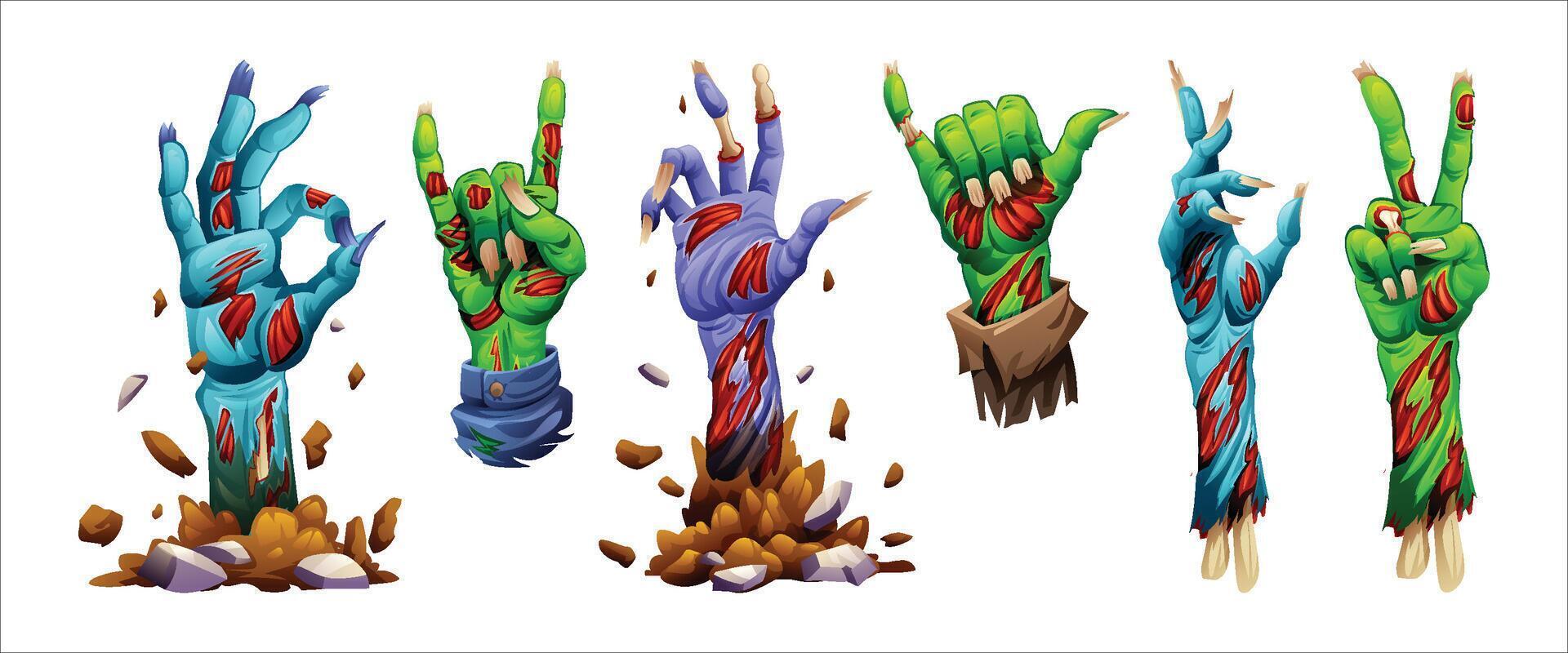 Set of zombie hands with various gestures rising from the ground in different poses. Cartoon illustration vector