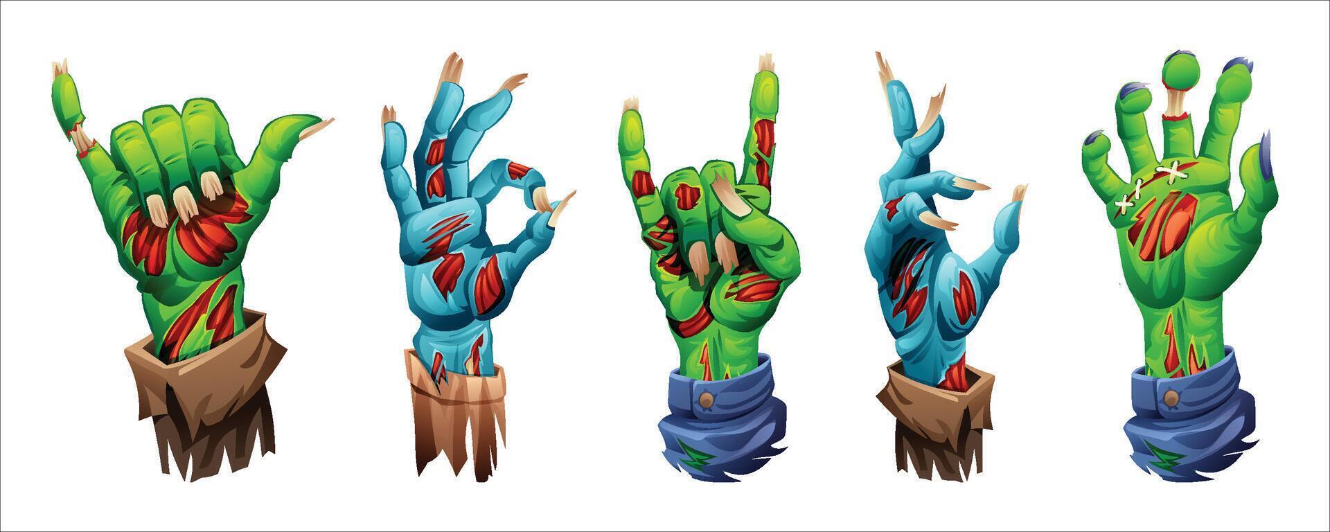 Creepy zombie hands with claws and torn flesh, in various horror gestures. Cartoon illustration vector