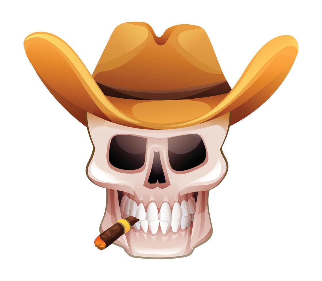 Skull with cowboy hat and cigar. Cartoon illustration vector