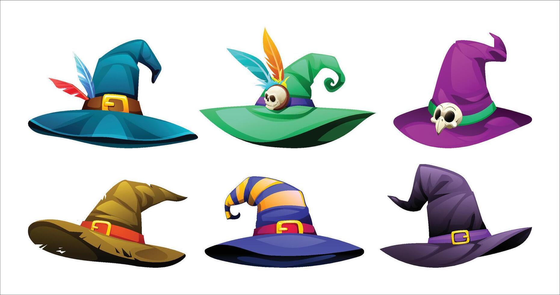 Set of witch hats in various colors and styles, with detailed designs. Cartoon illustration vector