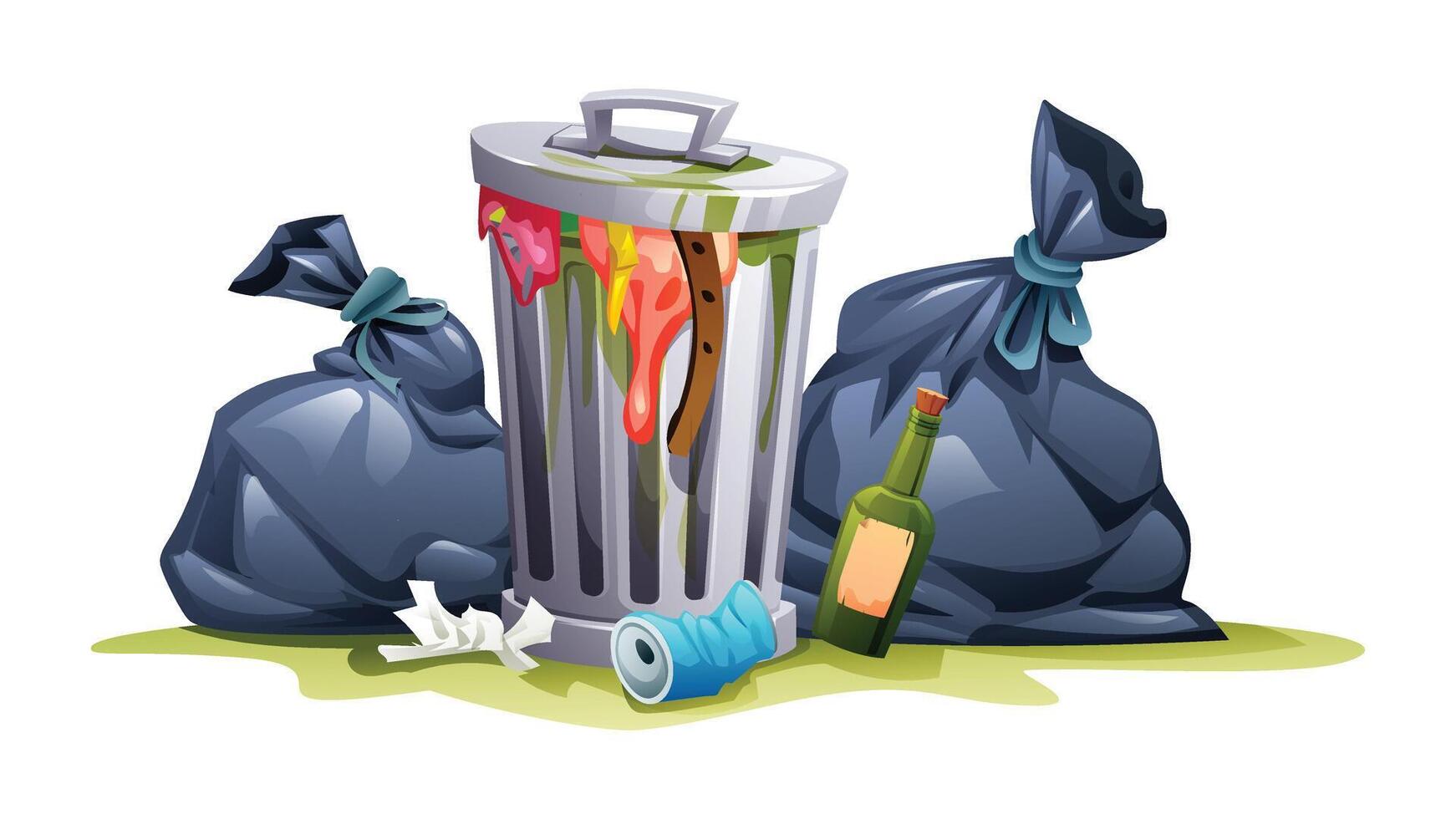 Trash bin surrounded by garbage bags and litter, with flies buzzing around, and trash on the ground. Cartoon illustration vector