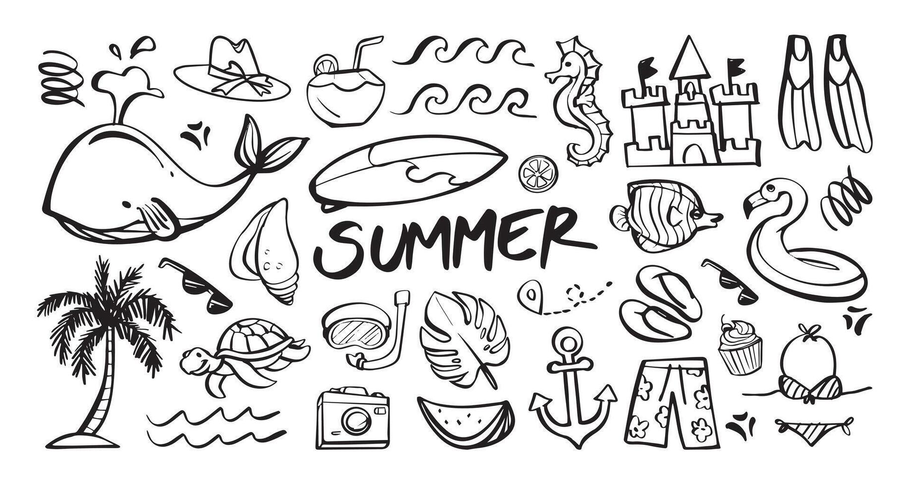 Summer themed doodles with whale, sunglasses, palm tree, and beach elements. Cartoon illustration vector