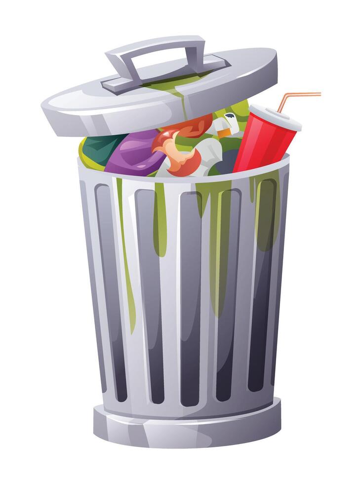 Open trash bin filled with waste, including bottles, food, and drink cup. Overflowing. Cartoon illustration vector