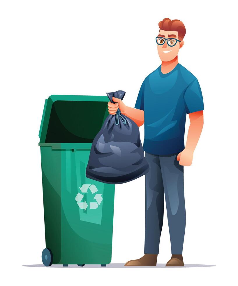 Person wearing glasses holding a garbage bag beside a recycling bin. Cartoon illustration vector