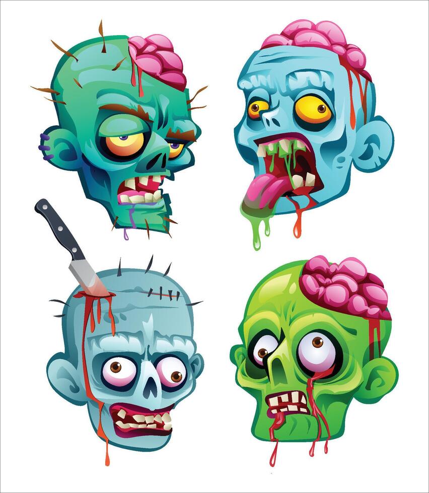 Set of zombie heads with exposed brains and gruesome details. Cartoon illustration vector