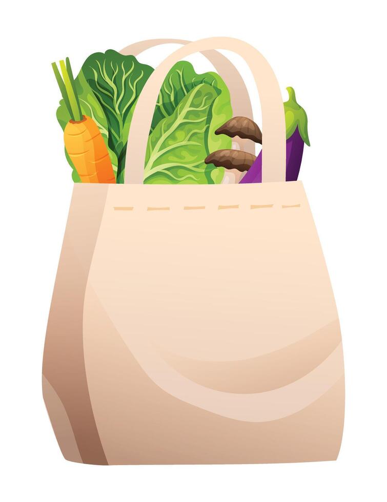 Reusable shopping bag with lettuce, mushrooms, eggplant, and carrot. Cartoon illustration vector