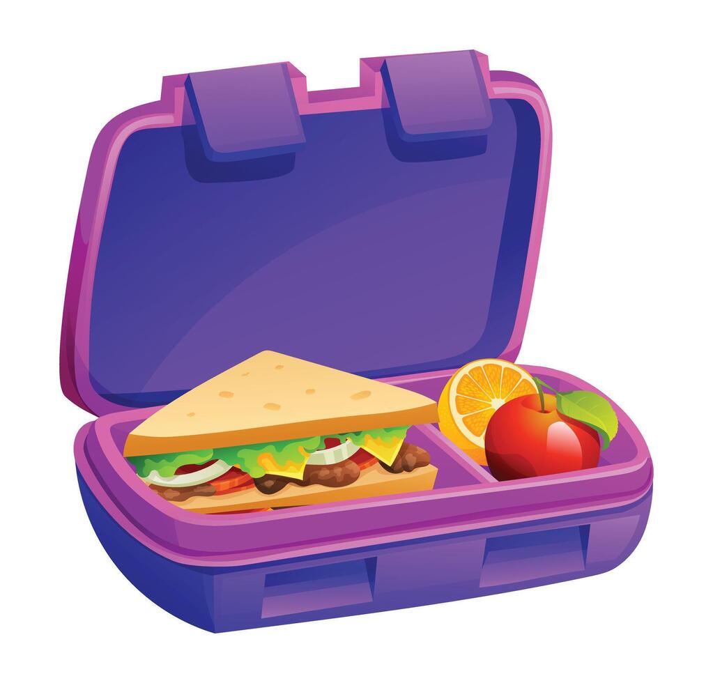 Lunch box with sandwich, apple, and orange slices in purple container. Cartoon illustration vector