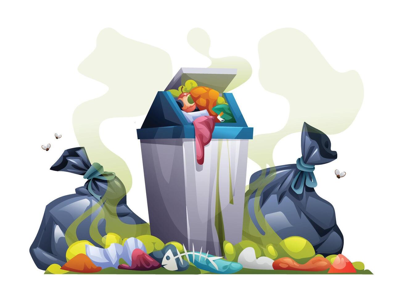 Overflowing trash bin with garbage bags, food waste, and flies around. Cartoon illustration vector