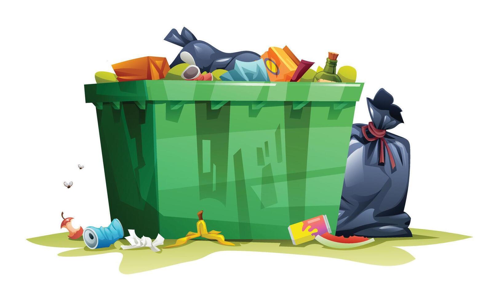 Overflowing dumpster with trash and garbage scattered on the ground, including flies. Cartoon illustration vector
