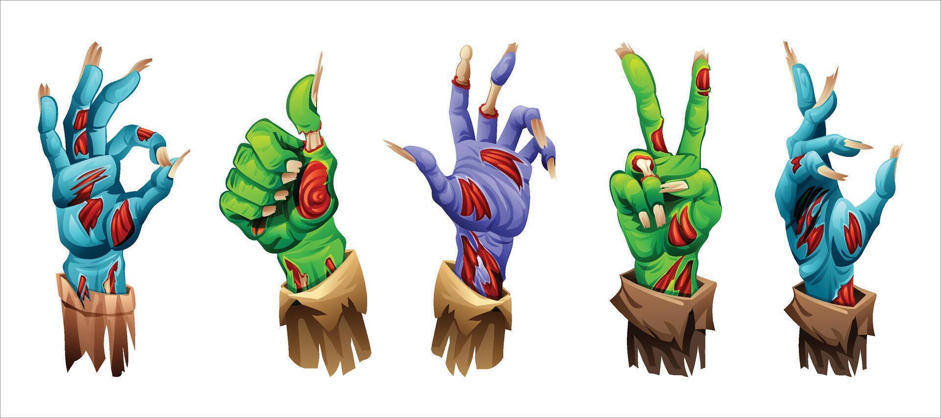 Zombie hands with torn skin, emerging in different horror poses. Cartoon illustration vector