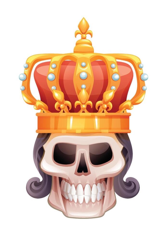 Skull with royal crown and curly hair. Cartoon illustration vector