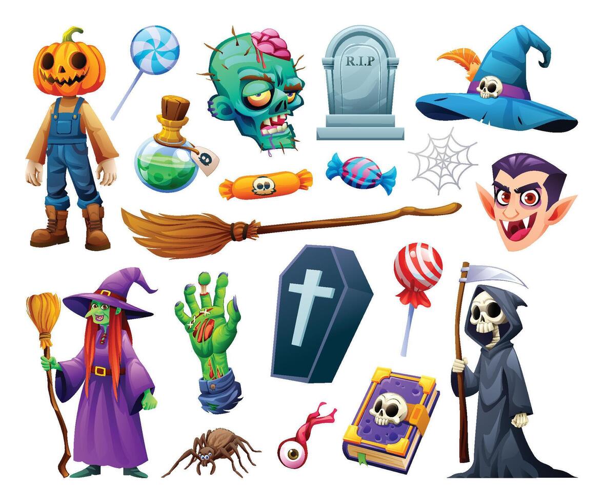 Set of various Halloween characters and objects, including pumpkin, grim reaper, and witch. Cartoon illustration vector