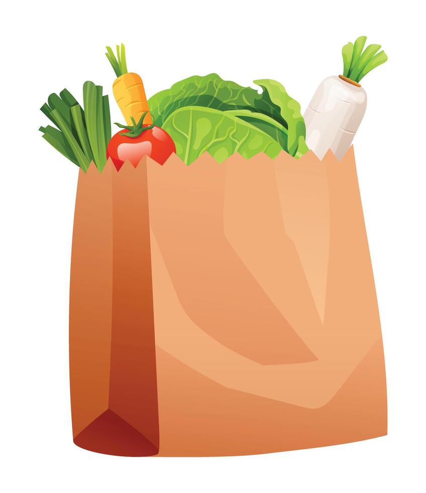Paper grocery bag with tomato, cabbage, carrot, and green onions. Cartoon illustration vector
