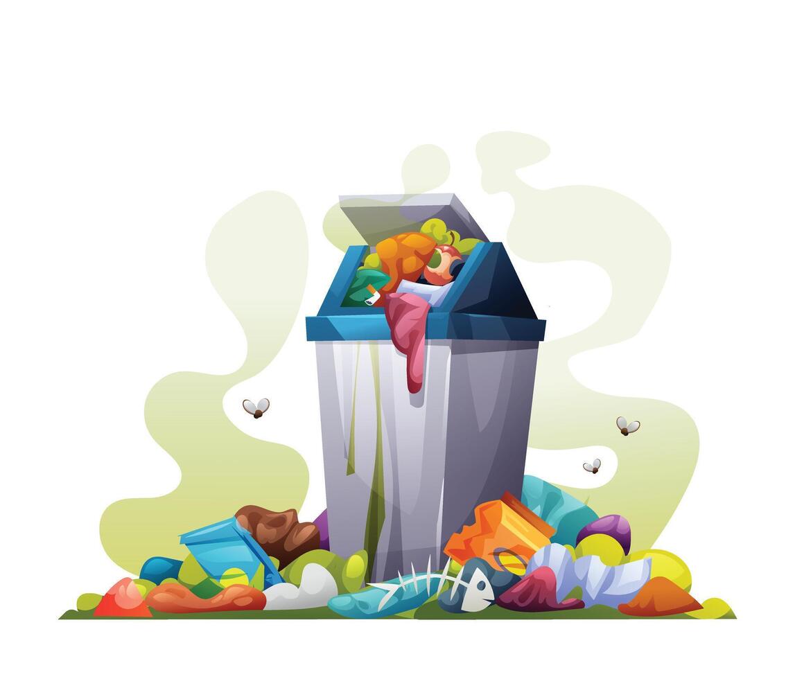 Trash bin full of waste and surrounded by garbage bags and litter, emitting a bad smell. Cartoon illustration vector