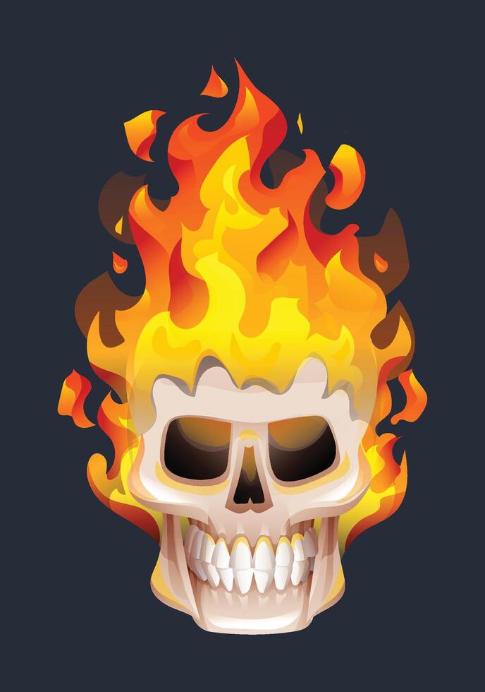 Burning skull with blazing fire. Cartoon illustration vector