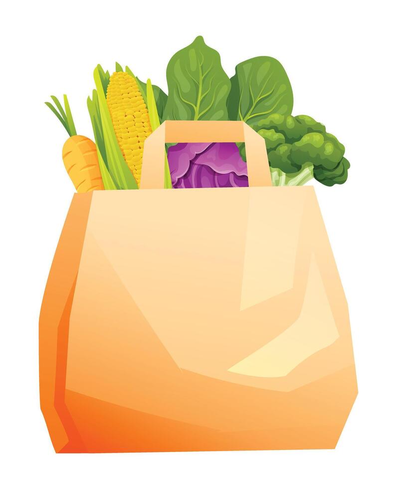 Grocery bag filled with corn, carrot, lettuce, cabbage, and broccoli. Reusable bag with fresh healthy food. Cartoon illustration vector