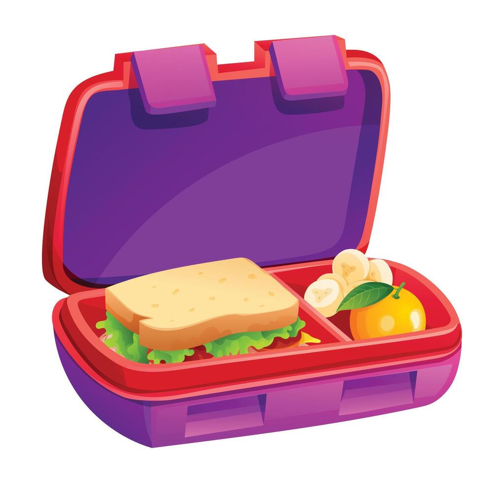 Lunch box with sandwich, orange, and banana slices in purple container. Cartoon illustration vector