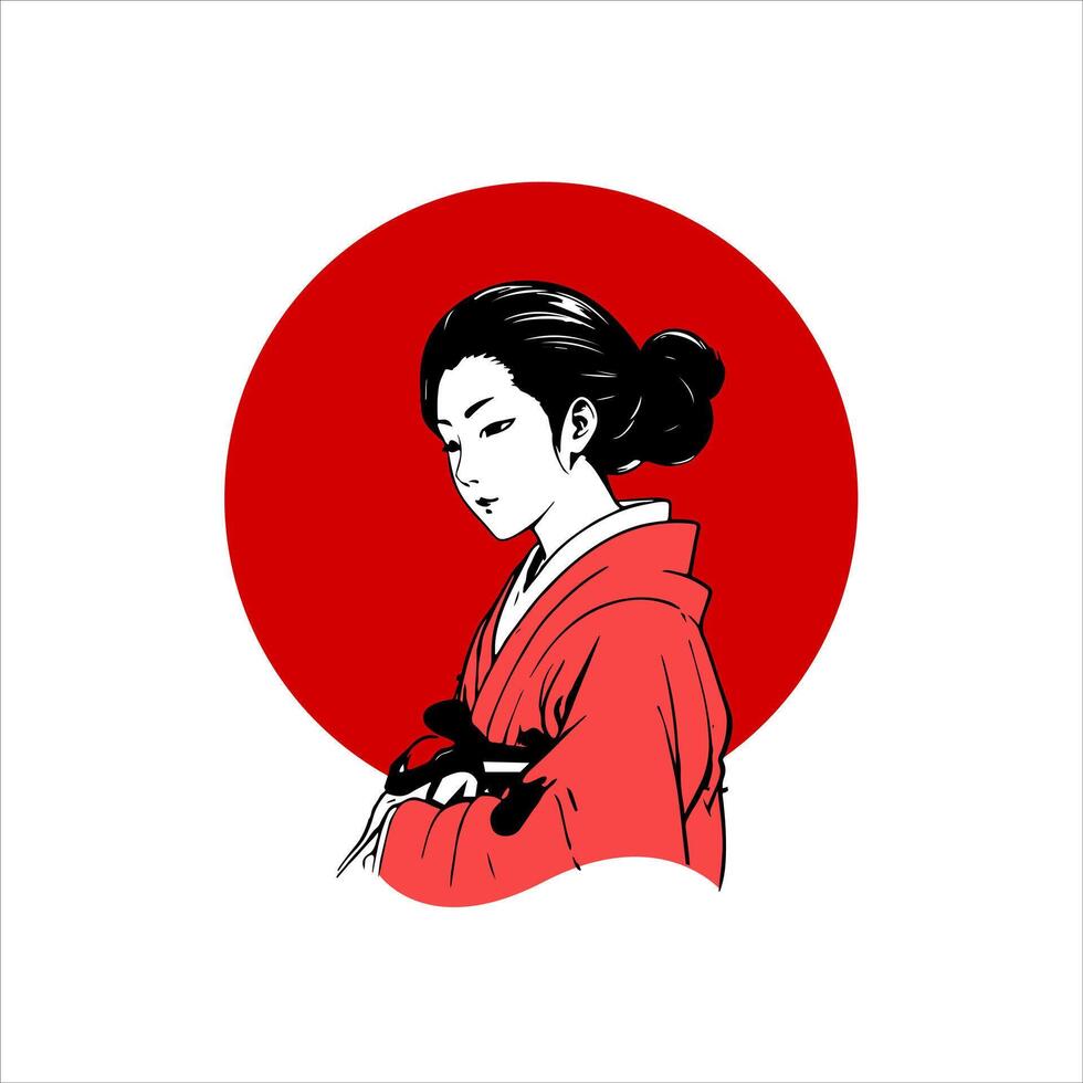SIlhouette of Japanese Girl Wearing red Kimono red circle white background vector