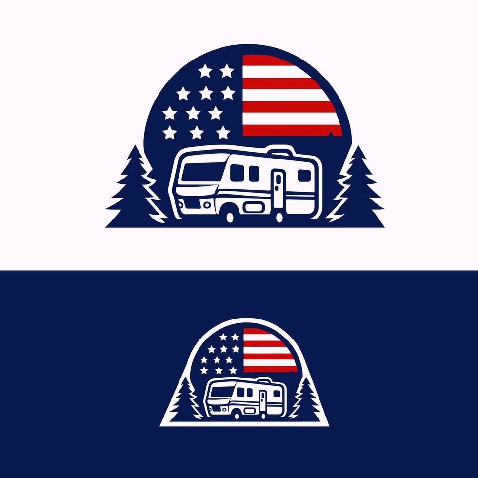 Patriotic Theme RV Van Travel Pine America Flag Icon Logo Template vector
