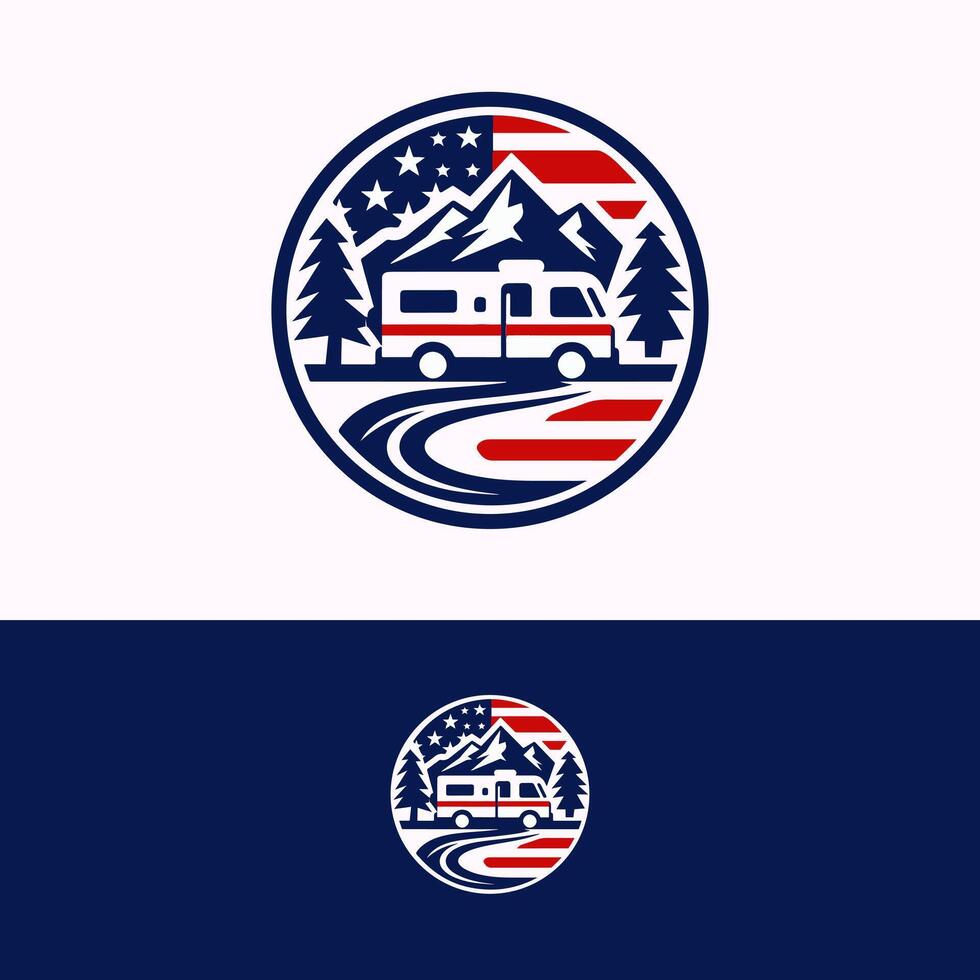 Patriotic Theme RV Van Travel Pine Mountain Creek Road America Flag Icon Logo Template vector