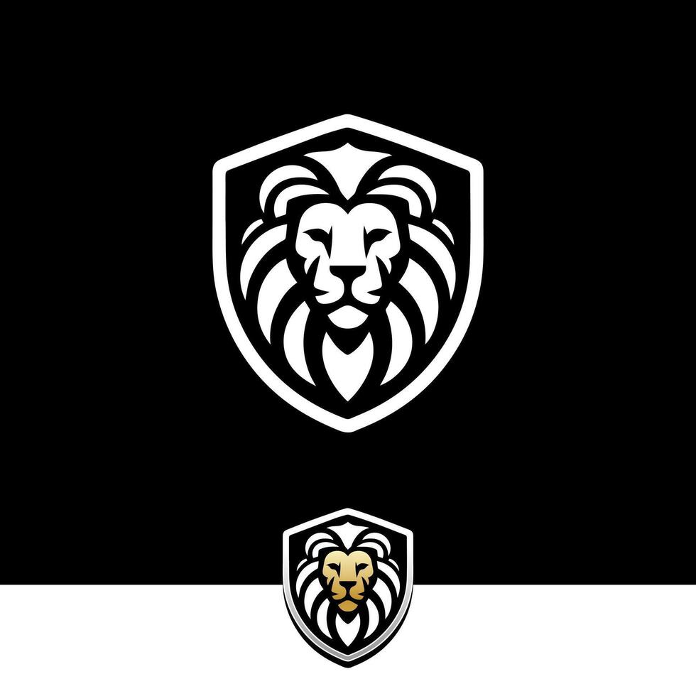 white simple lion face logo on the shield over black background vector