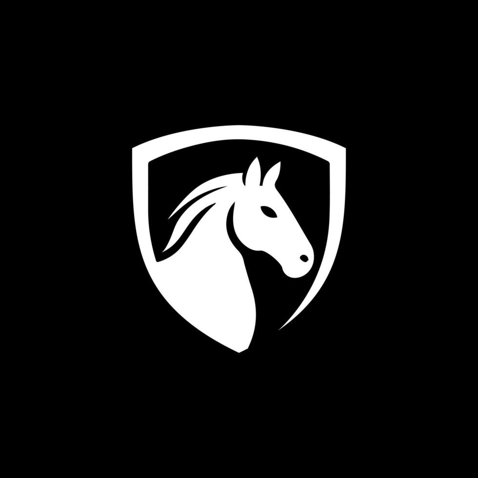 White Simple Horse Face Side View Logo On The Shield Over Black Background vector
