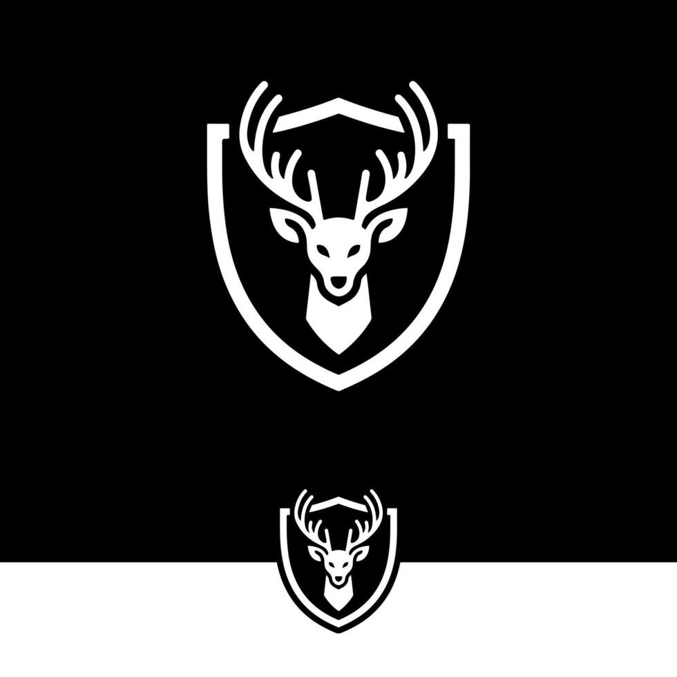 White Simple Deer Face Logo On The Shield Over Black Background vector