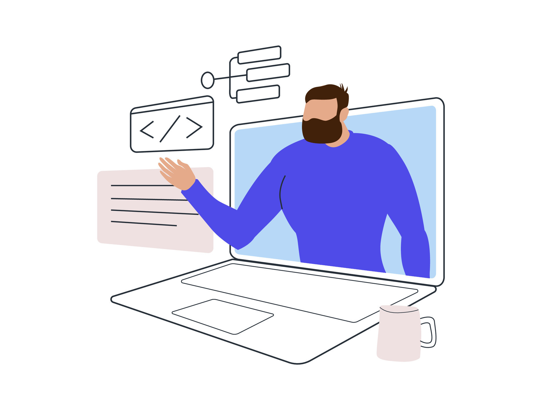 male character from laptop screen in a virtual meeting technology and ...