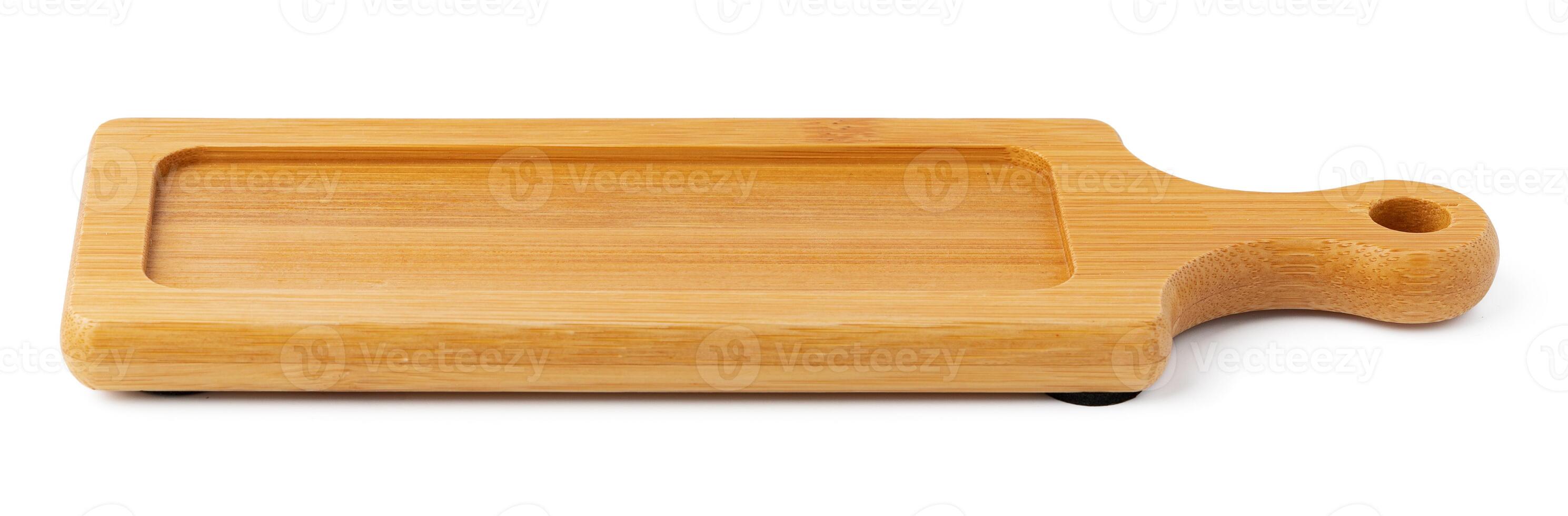 Wooden board isolated on white background, close up photo