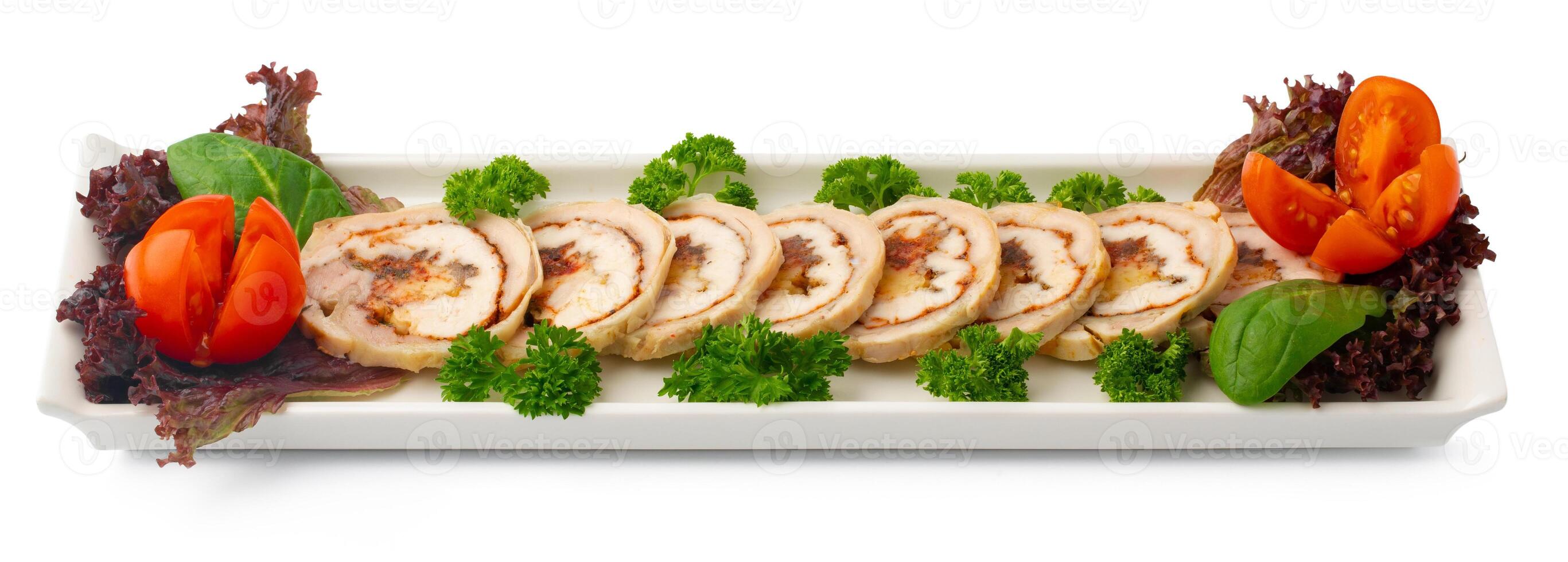 Cold smoked meat plate with salad leaves isolated on white photo