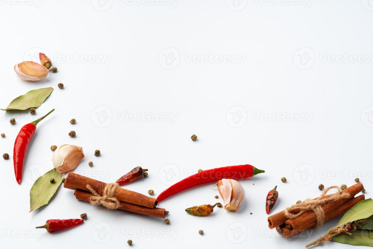 Variety of cooking spices on white background. photo