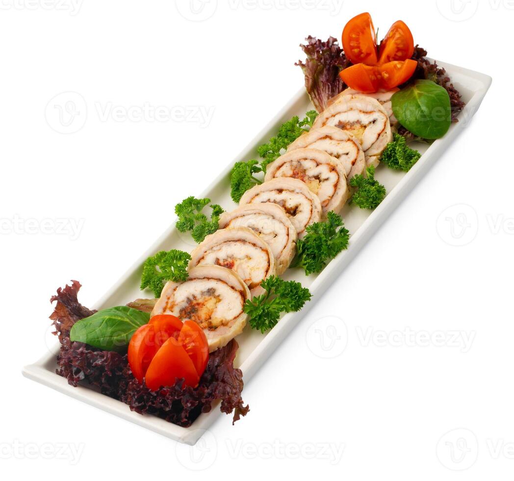 Cold smoked meat plate with salad leaves isolated on white photo