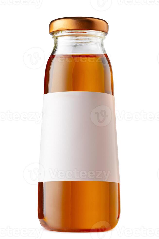 Small bottle of apple juice isolated on white. photo