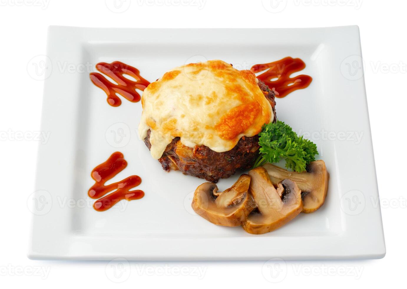 Meat with melting slice of cheese isolated on white background. photo