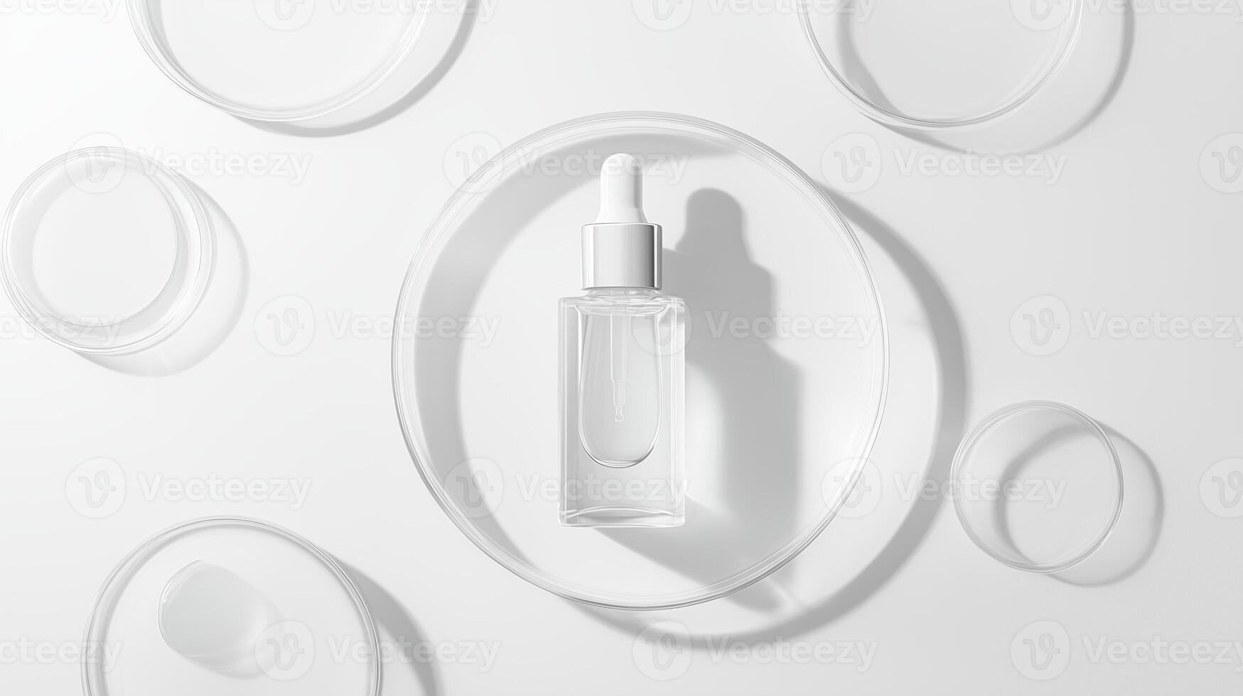 Clear skincare serum bottle arranged artistically in circles on a clean white surface, showcasing minimalistic design for beauty enthusiasts photo