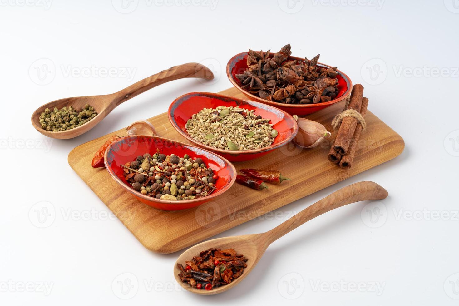 Composition with wooden board and ingredients for cooking on white photo